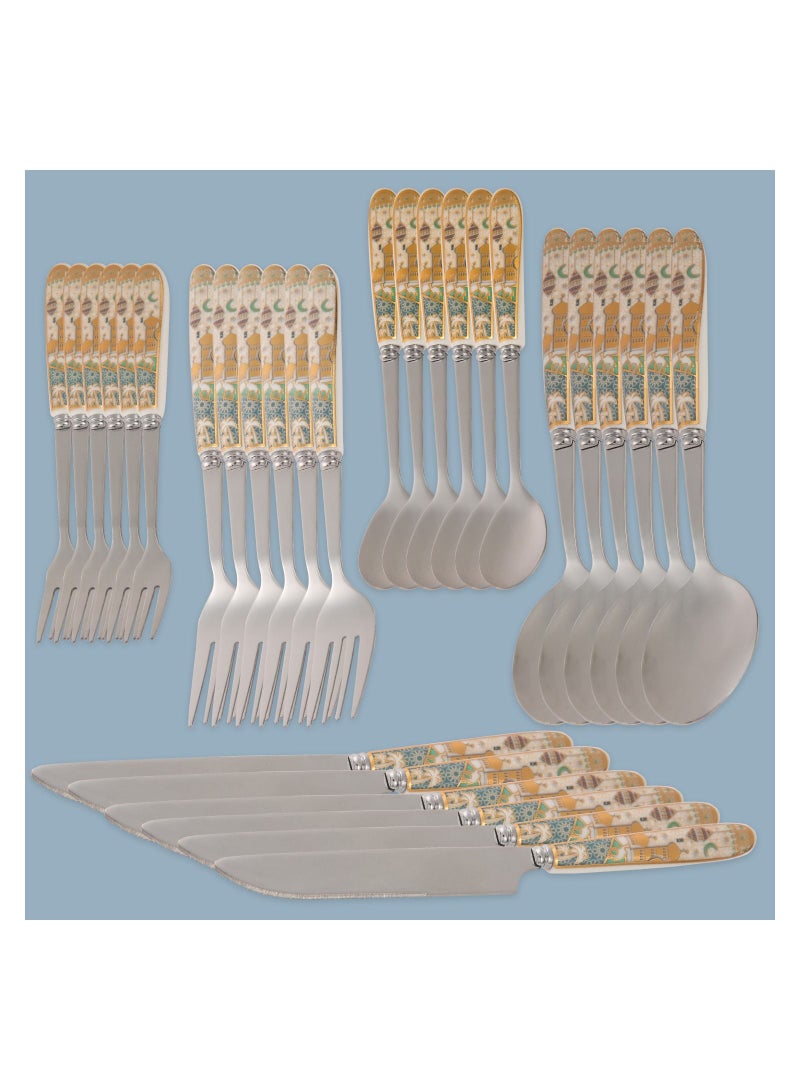 Ramadan Design 25-Piece Silverware Set Ceramic Handle , Modern Flatware Utensil Cutlery Set for 6 each size , Food Grade Stainless Steel Tableware Includes Knife ，Spoons and Forks Set, Mirror Polished  - Image 1