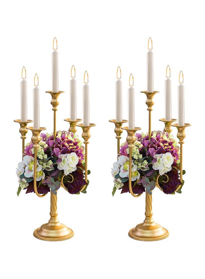 Hewory Metal Candelabra Gold Candle Stand 20in Tall, 5-Candle Candlestick Holder for Taper Candles, Candle Holder for Wedding Centerpiece Christmas Valentine Holiday Party Event Reception Decor, 2Pcs - Image 1