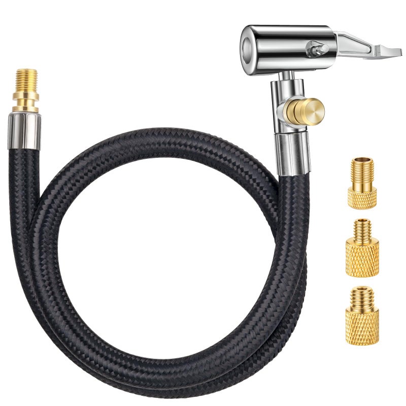 LUMITECO 20 Inch Tire Inflator Hose Adapter, Car Air Hose Self-Locking Air Chuck w/Tire Schrader Valve Fine Thread & Presta Valve Adapter, Quick Connect & Release for Pump Air Compressor Attachments - Image 1
