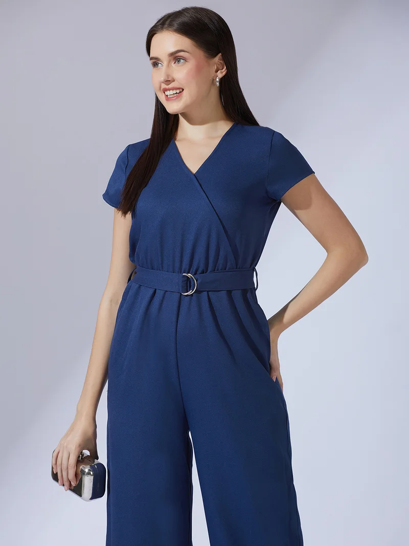 globus Women Navy Blue Wrap V-Neck Short Sleeves Belted Long Jumpsuit
