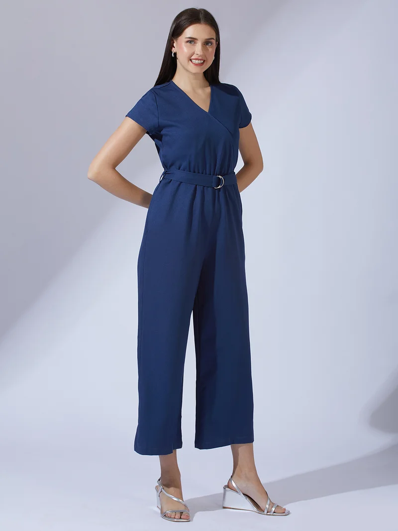 globus Women Navy Blue Wrap V-Neck Short Sleeves Belted Long Jumpsuit