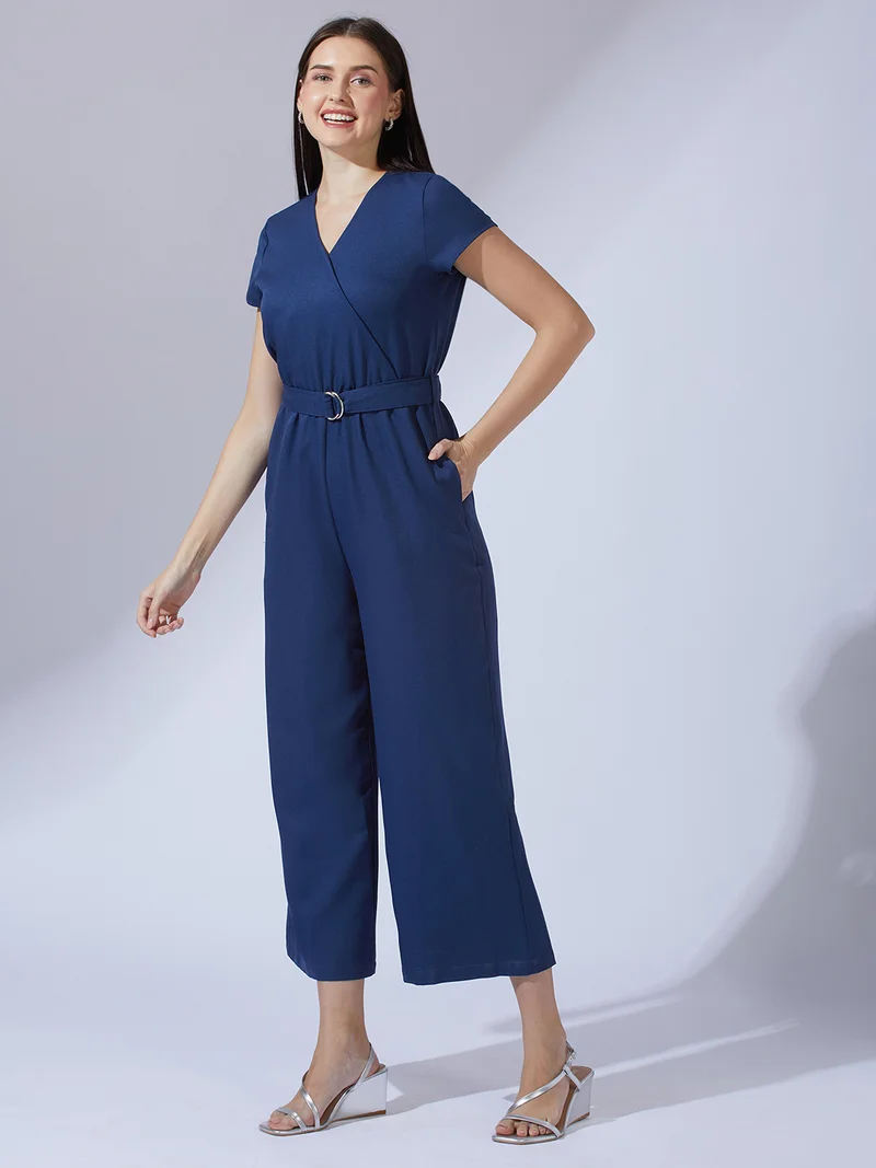 globus Women Navy Blue Wrap V-Neck Short Sleeves Belted Long Jumpsuit
