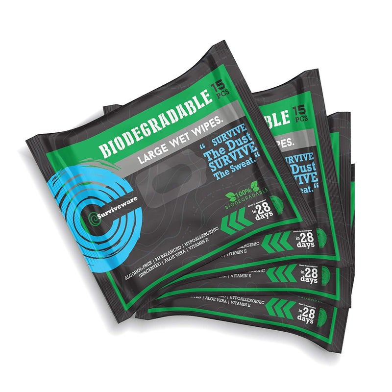 Surviveware Biodegradable Wipes Men or Women - Shower Wet Wipes Face, Body & Butt - Outdoors, Travel, Camping & Post Workout - Total of 60 Wipes - 15 Count, Pack of 4 - Image 1