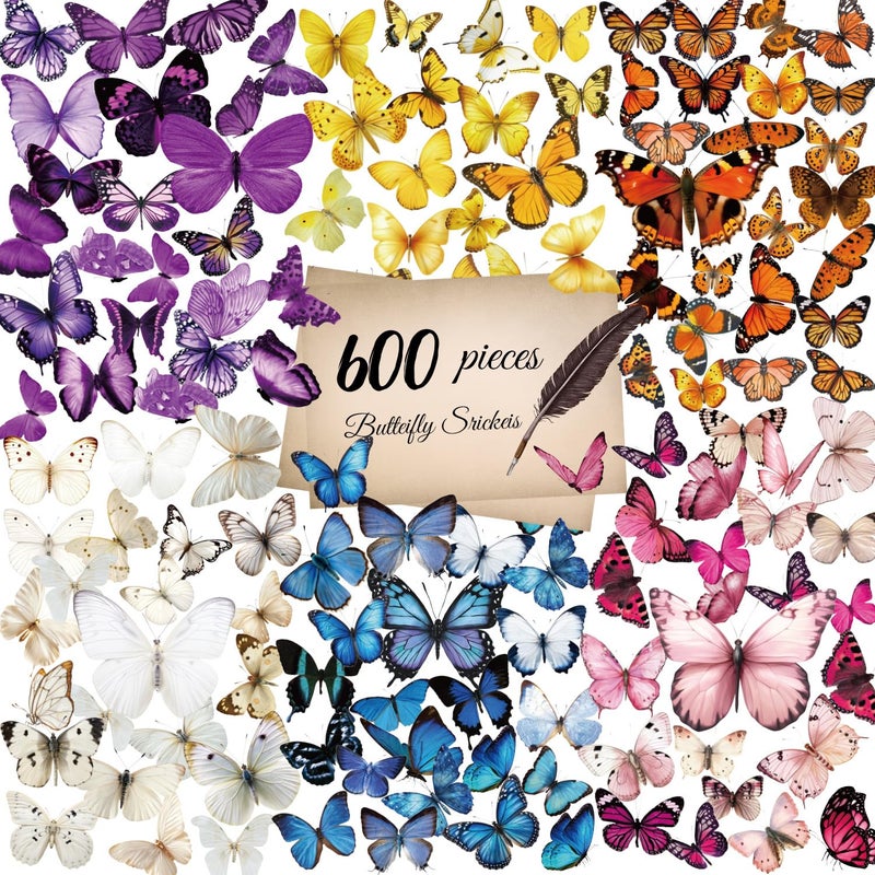 WANGHENG 600Pcs Butterfly Stickers,Self-Adhesive PVC Vintage Butterfly Stickers for Scrapbook, Laptop, Journal, DIY Project, Window, Envelope Spring Themed Party Decors - Image 1