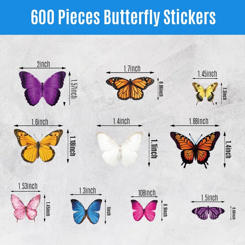 WANGHENG 600Pcs Butterfly Stickers,Self-Adhesive PVC Vintage Butterfly Stickers for Scrapbook, Laptop, Journal, DIY Project, Window, Envelope Spring Themed Party Decors - Image 2