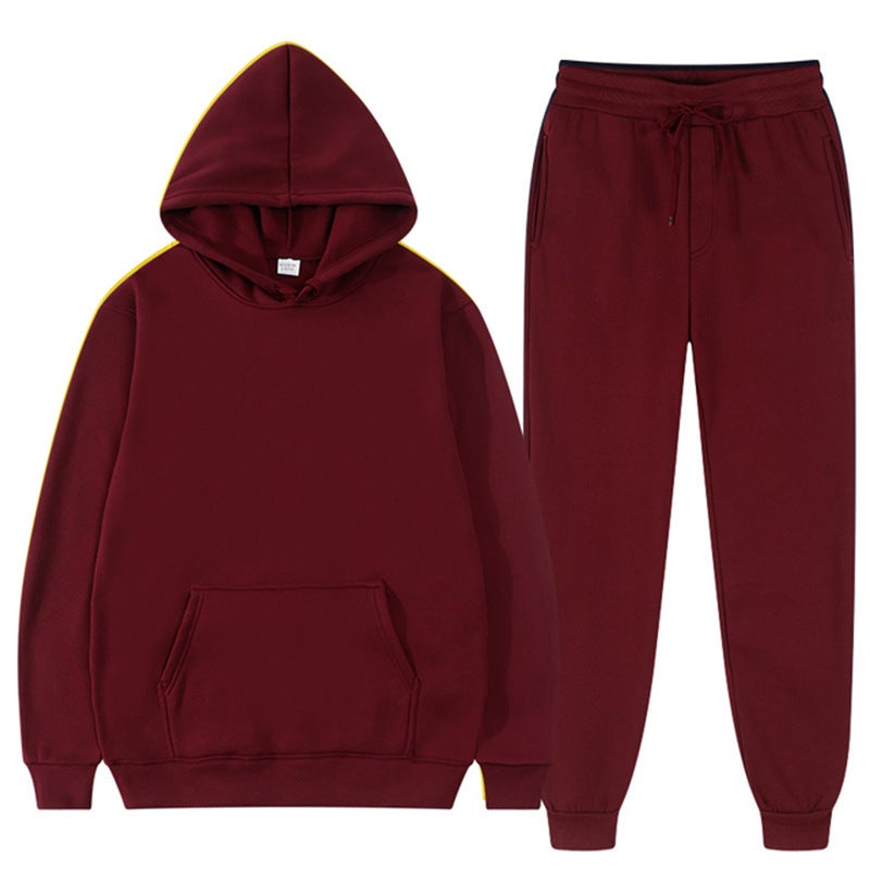 2023 spring and autumn cross-border mens and womens casual European size blank solid color suit fleece loose sweater sweatpants two-piece set batch Wine red 