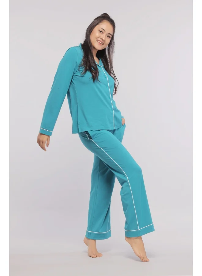 NeceSera Teal Full Sleeve Button Down Pajama Set