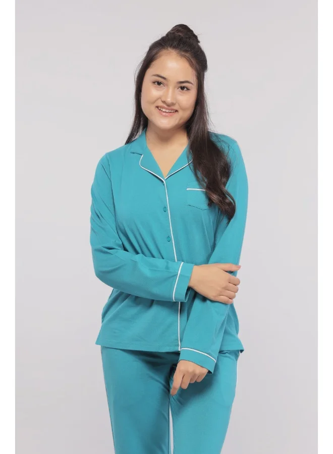 NeceSera Teal Full Sleeve Button Down Pajama Set