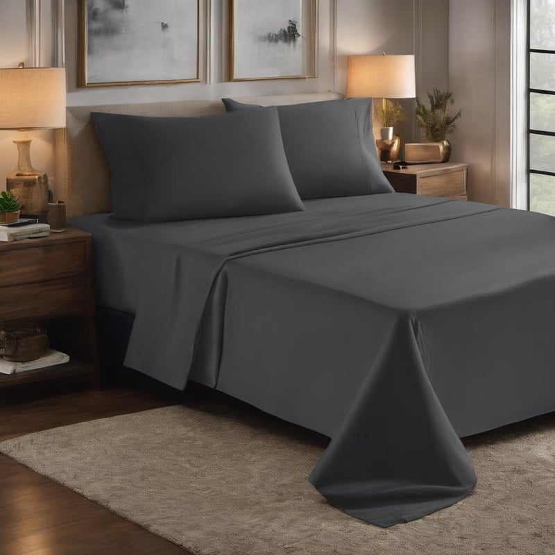 KEDARA CLOTH مجموعة ملاءات سرير كيدارا الملكية القابلة للتثبيت 1800 TC من الألياف الدقيقة 3 قطع مع 2 غطاء وسادة ناعمة ملاءة سرير قابلة للتثبيت_رمادي داكن_78 x 60 سرير ملكي - Image 1