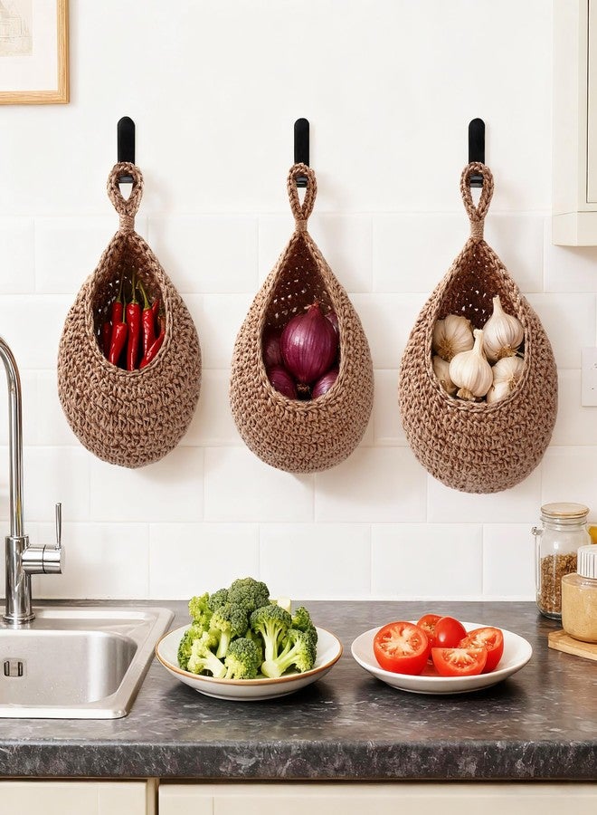 Bgtecho 3 Pack Boho Wall Hanging Basket, Hanging Fruit Baskets for Kitchen, Teardrop Baskets with Hooks, Handwoven Hanging Holder, Wall Basket for Fruits Vegetable Potato Onion Storage, 3 Size - Image 5
