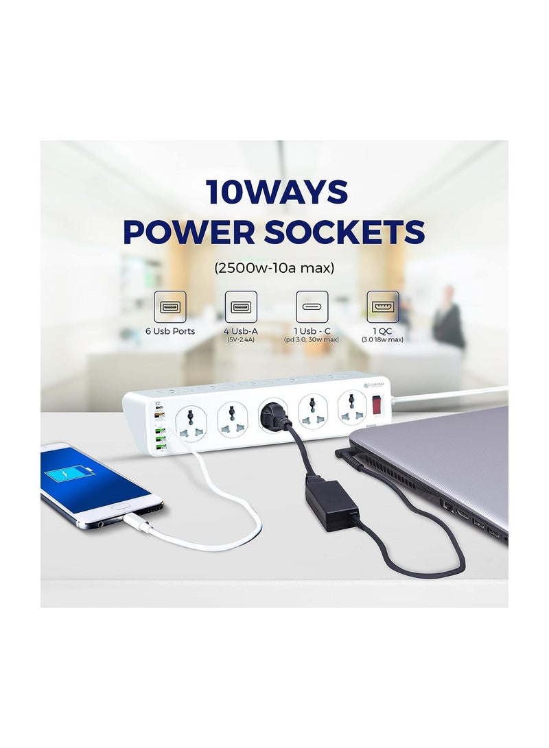 كاروسكي سلك تمديد الطاقة مع 10 مآخذ الطاقة و 6 منافذ USB - قابس تمديد قطاع الطاقة الذكي مع واقي الطفرة - مقبس الشحن مع سلك تمديد بطول 2 متر - Image 2