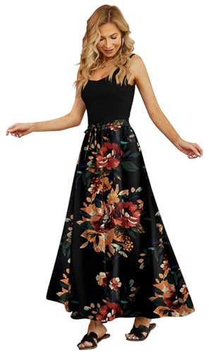 Yincro Women Flowy Maxi Skirt Summer Pleated High Waisted Casual Long Skirts with Pockets (Brown Floral Black, S) - Image 2