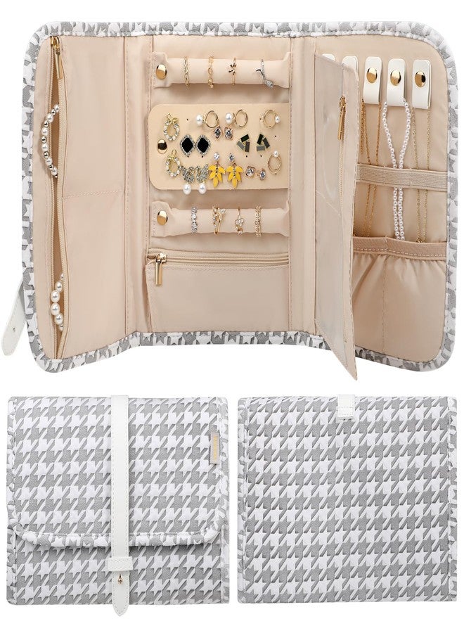Voova Travel Jewelry Holder Organizer Case, Large Jewelry Storage Bag for Women Girls, Foldable Traveling Jewellery Pouch Roll for Necklaces Rings Earrings Bracelets, Grey+White - Image 1