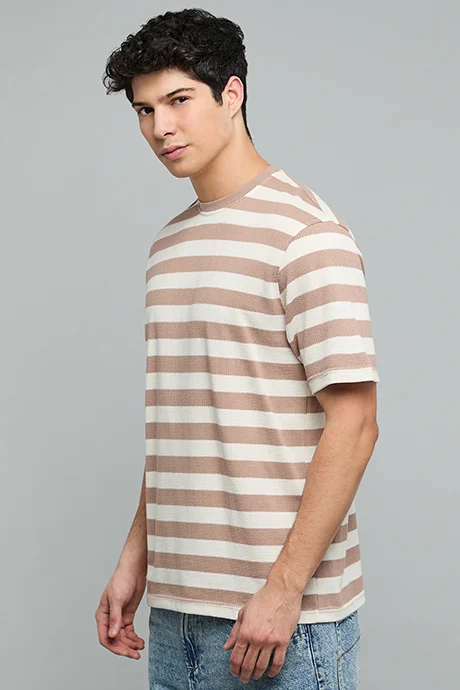أر أند بي Striped T-Shirt with Crew Neck and Short Sleeves