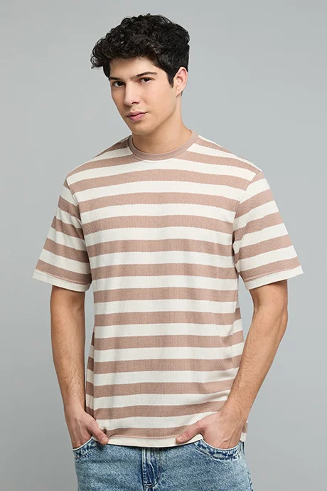 أر أند بي Striped T-Shirt with Crew Neck and Short Sleeves