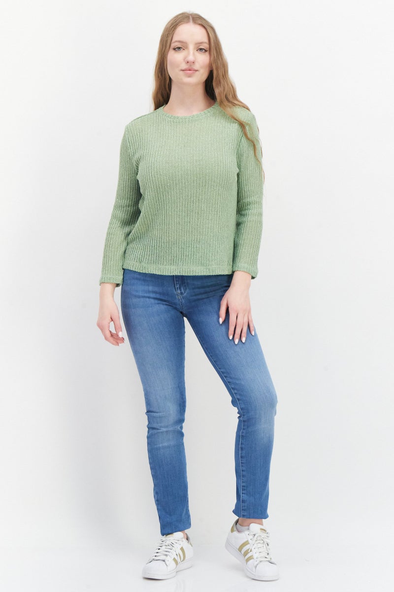 VINCE Women Crew Neck Pointelle Sweater, Green - Image 3
