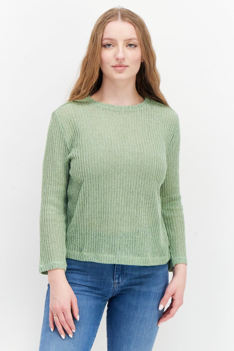 VINCE Women Crew Neck Pointelle Sweater, Green - Image 1
