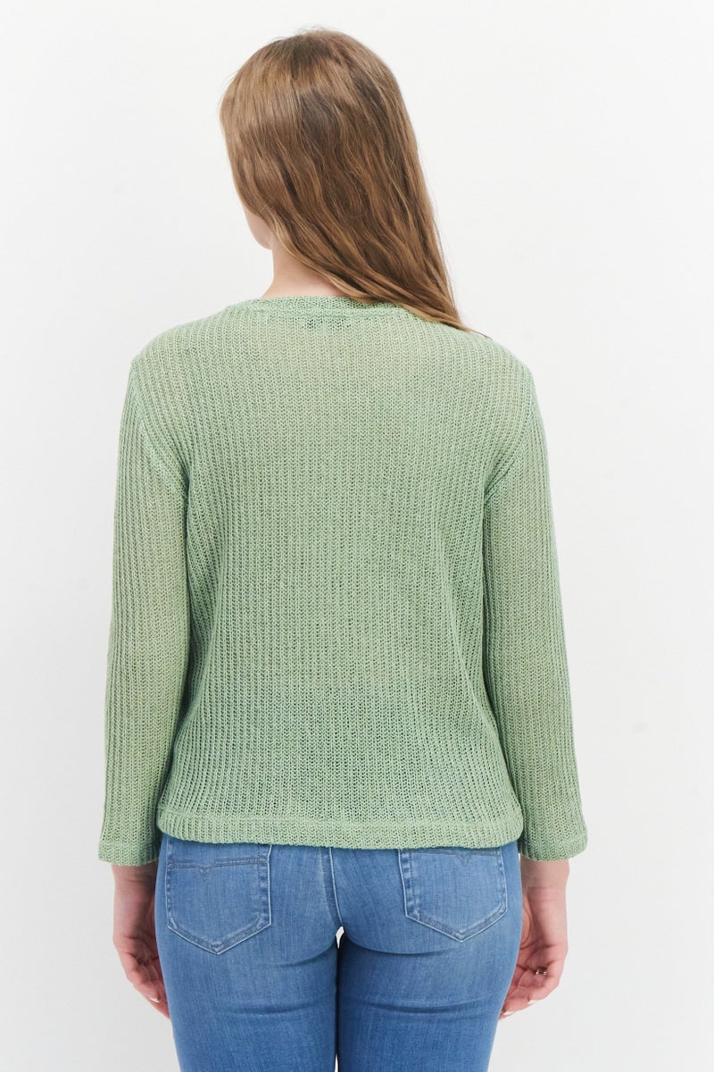 VINCE Women Crew Neck Pointelle Sweater, Green - Image 4