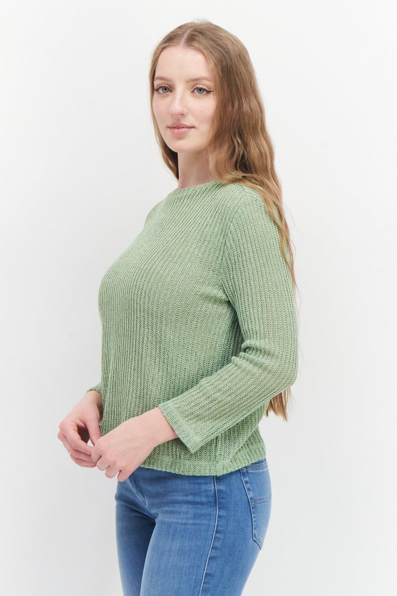 VINCE Women Crew Neck Pointelle Sweater, Green - Image 2