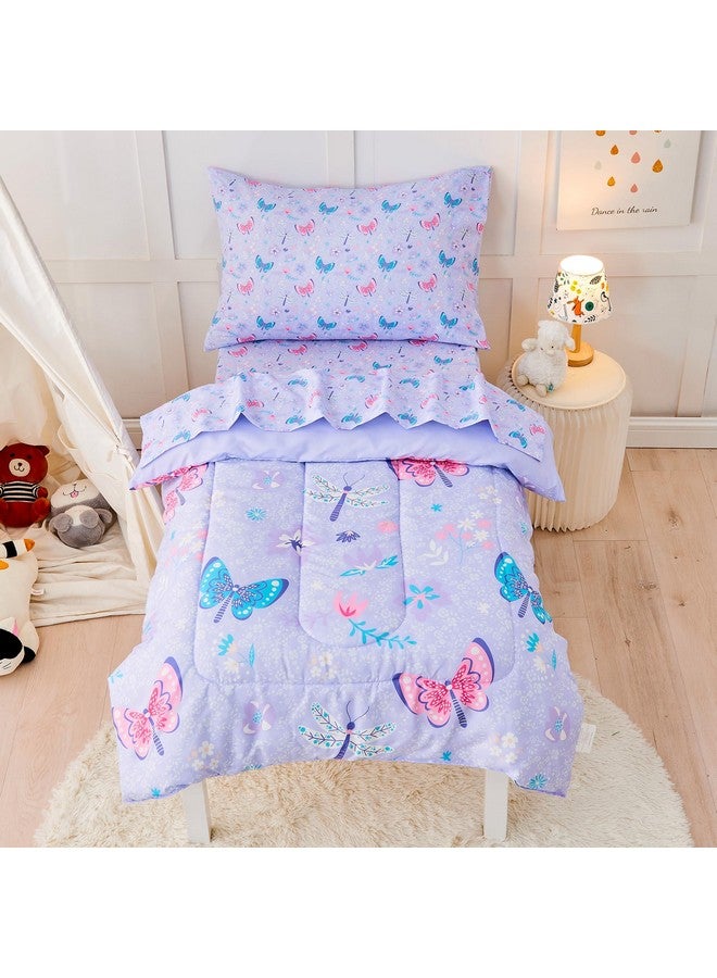 lasoftan Butterfly Toddler Bedding Set for Girls, 4 Piece Bed-in-a-Bag Toddler Comforter Sets, Super Soft Comforter Sheet Set and Comfortable Microfiber Toddler Bed Set - Image 1