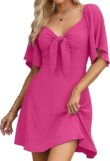 European and American Export Cross-Border Summer Womens V-Neck Bow Tie Short-Sleeved Pullover Lotus Leaf Sleeve Mini Dress Rose red