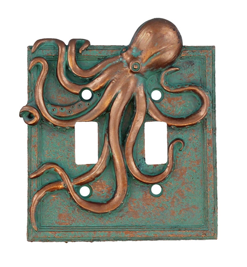 Top Brass Large Octopus/Kraken Electrical Cover Wall Plate Bronze/Verdigris Finish - Single Switch, Double, Rocker, Outlet (Double Switch) - Image 1
