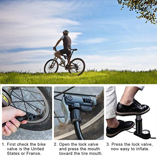 Emoly Bike Pump, Upgraded Mini Portable Bicycle Pump, Foot Bike Pump with Pressure Gauge, Tire Inflator Device, Compatible Universal Presta and Schrader Double Valve Bicycle Air Pump (Black) - Image 4