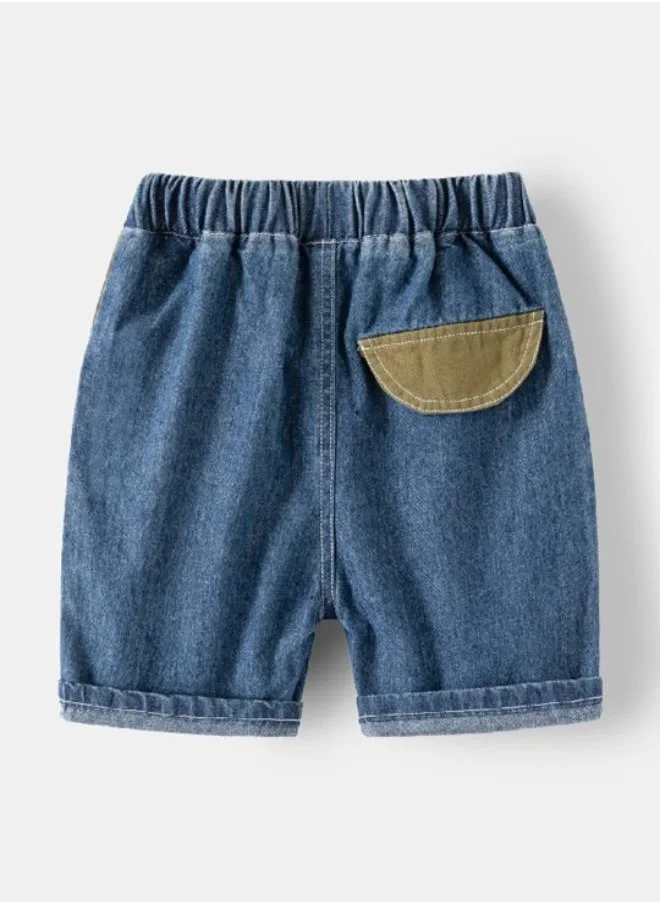 يونيكي Blue Regular Fit Mid Rise Colour Blocked Denim Shorts