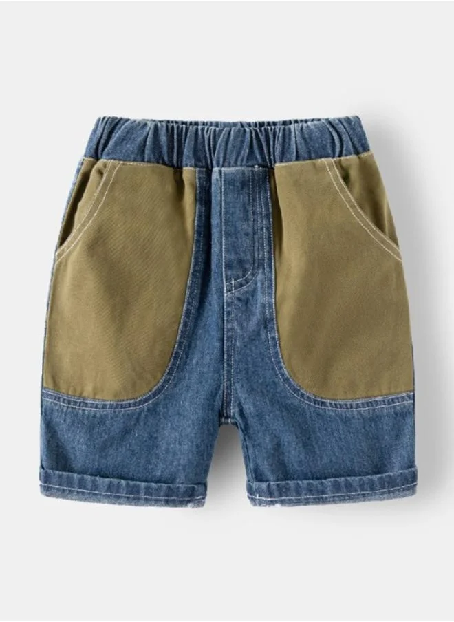 يونيكي Blue Regular Fit Mid Rise Colour Blocked Denim Shorts