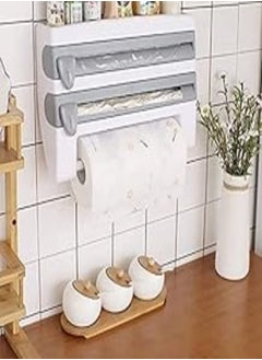 Precize - Multifunctional Paper Towels Wall/Refrigerator Mount Rolls Cutting Rack,4-in-1 Wall-Mount Sauce Bottle Storage Holder,Multi-Function Kitchen Cling Film Foil Dispenser with Spice Rack (Grey)