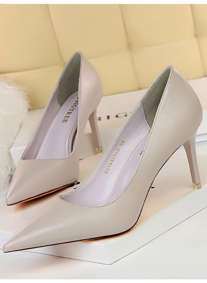 BIGTREE Women's Comfortable Stiletto Pumps 7.5cm Elegant Gorgeous Closed Pointed Toe Slip On Solid High Heels Grey 