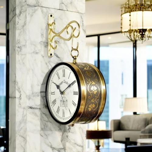 Vintage Clock Handcrafted Double Side Analog Wall Clock 1 Year Warranty / 65091-8-HR, Iron, 20x20 cm, One Side English & Other Roman Number, black - Image 3