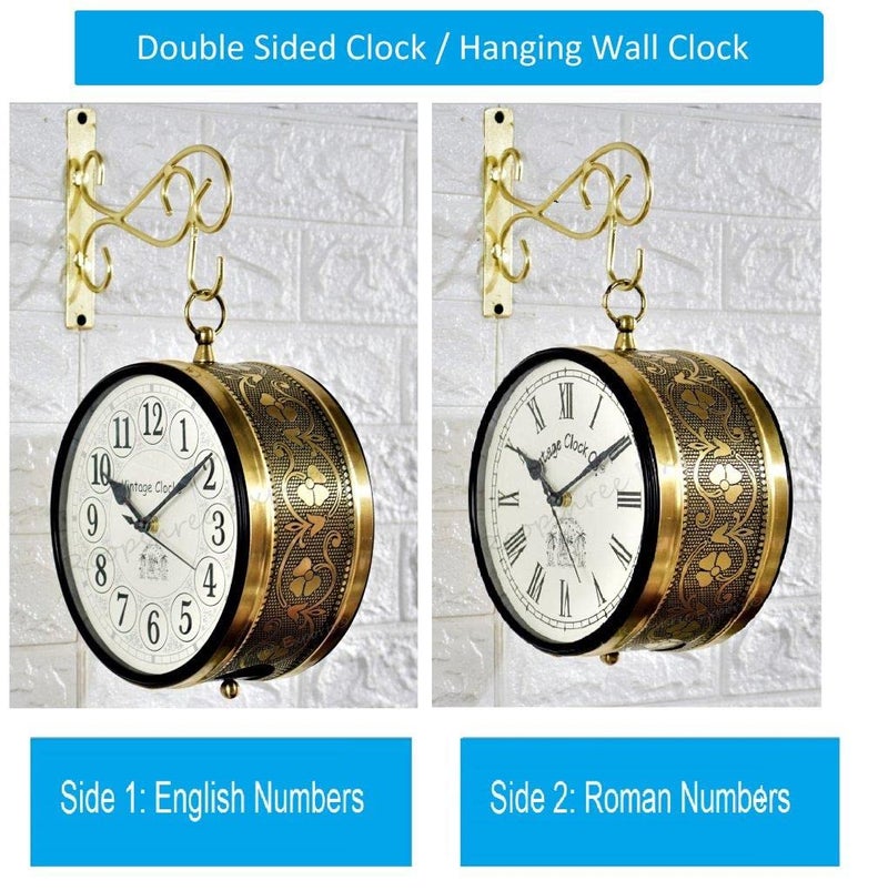 Vintage Clock Handcrafted Double Side Analog Wall Clock 1 Year Warranty / 65091-8-HR, Iron, 20x20 cm, One Side English & Other Roman Number, black - Image 2