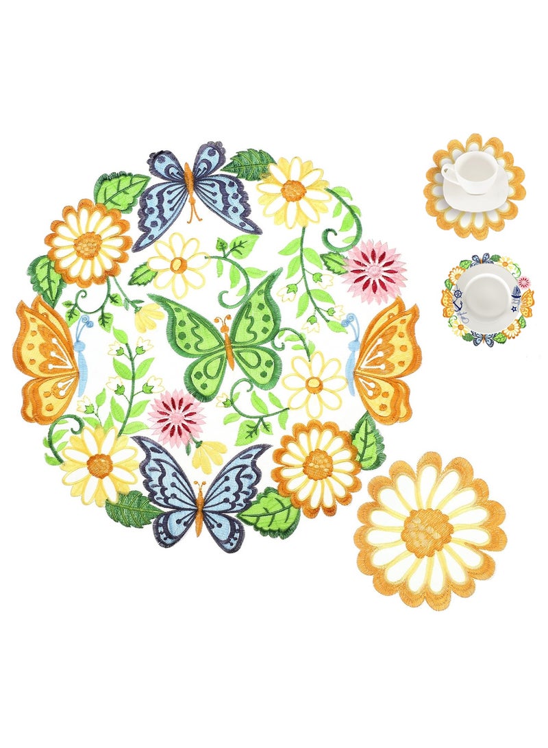 SYOSI 8 Pieces Spring  Round Placemats and Coasters Set, 4 Pieces 14 Inch Embroidered Flower bu tterfly Table Placemats and 4 Pieces 4 Inch Daisy Coasters Floral Cup Mat for Tabletop Decoration - Image 1