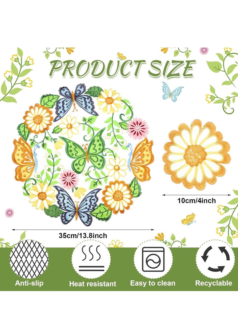 SYOSI 8 Pieces Spring  Round Placemats and Coasters Set, 4 Pieces 14 Inch Embroidered Flower bu tterfly Table Placemats and 4 Pieces 4 Inch Daisy Coasters Floral Cup Mat for Tabletop Decoration - Image 4