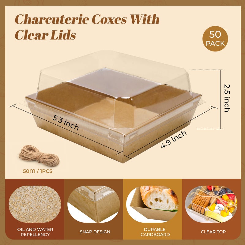 LOKQING 50 Pack Charcuterie Boxes with Clear Lids 5.3x4.9x2.5 Inch Paper Mini Charcuterie Box Takeout Containers for Cookie Cake Slice Sandwich Strawberries(Brown) - Image 3