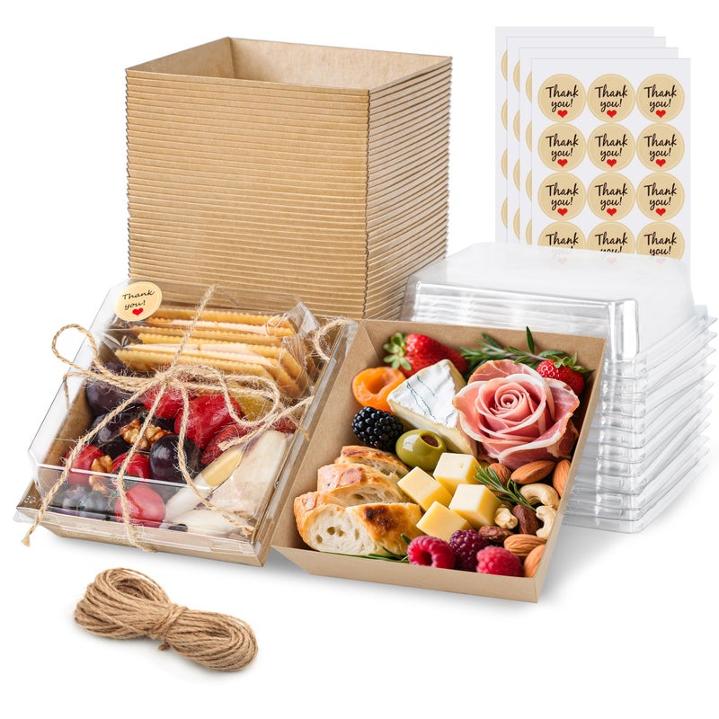 LOKQING 50 Pack Charcuterie Boxes with Clear Lids 5.3x4.9x2.5 Inch Paper Mini Charcuterie Box Takeout Containers for Cookie Cake Slice Sandwich Strawberries(Brown) - Image 1