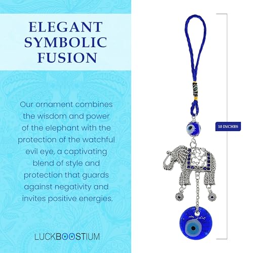 LUCKBOOSTIUM Silver Elephant w/Blue, White & Black Resin Evil Eye Beads Tassels Charms - Evil Eye Car Hanging Ornament-Rear View Mirror Accessories-Keychain Charm for Bag, Home & Office Door - Image 2