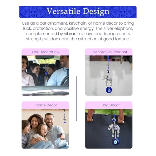 LUCKBOOSTIUM Silver Elephant w/Blue, White & Black Resin Evil Eye Beads Tassels Charms - Evil Eye Car Hanging Ornament-Rear View Mirror Accessories-Keychain Charm for Bag, Home & Office Door - Image 4