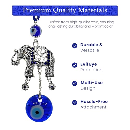 LUCKBOOSTIUM Silver Elephant w/Blue, White & Black Resin Evil Eye Beads Tassels Charms - Evil Eye Car Hanging Ornament-Rear View Mirror Accessories-Keychain Charm for Bag, Home & Office Door - Image 5