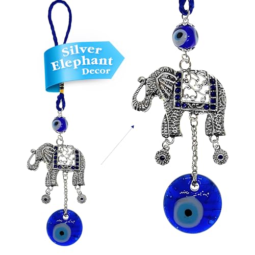 LUCKBOOSTIUM Silver Elephant w/Blue, White & Black Resin Evil Eye Beads Tassels Charms - Evil Eye Car Hanging Ornament-Rear View Mirror Accessories-Keychain Charm for Bag, Home & Office Door - Image 1