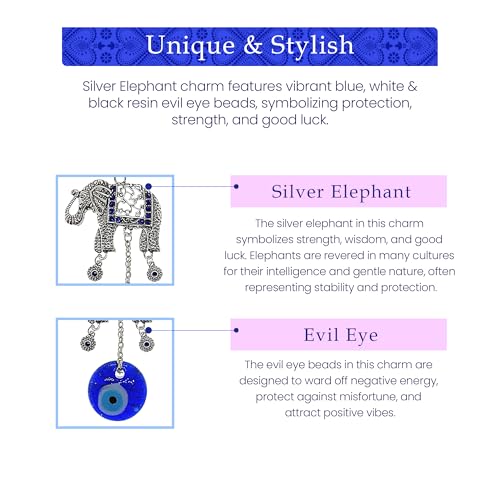 LUCKBOOSTIUM Silver Elephant w/Blue, White & Black Resin Evil Eye Beads Tassels Charms - Evil Eye Car Hanging Ornament-Rear View Mirror Accessories-Keychain Charm for Bag, Home & Office Door - Image 3