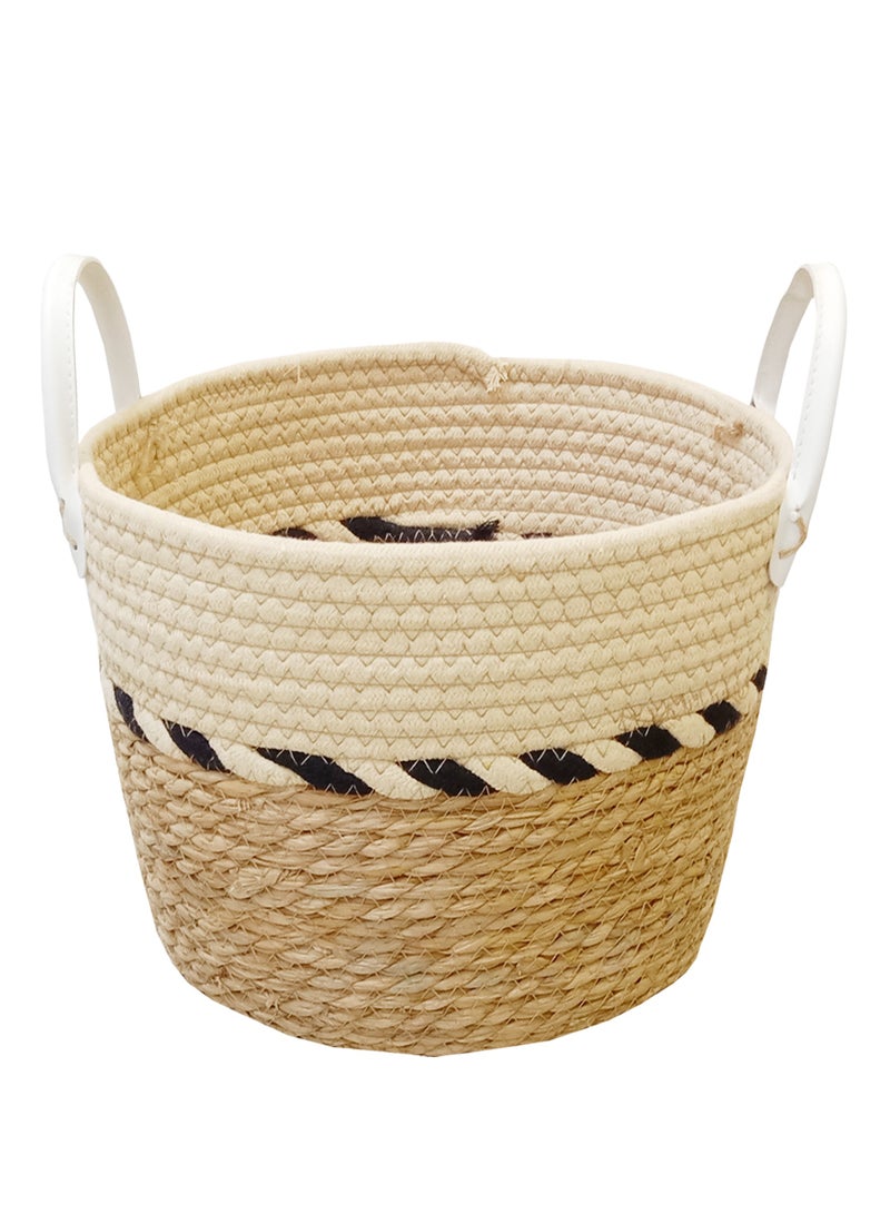YINZUO Natural Woven Basket with White Handles – Jute and Cotton Rope Storage Bin, Decorative Organizer for Laundry, Toys, and Blankets – Multi-Color Design, Eco-Friendly Home Décor  - Image 1