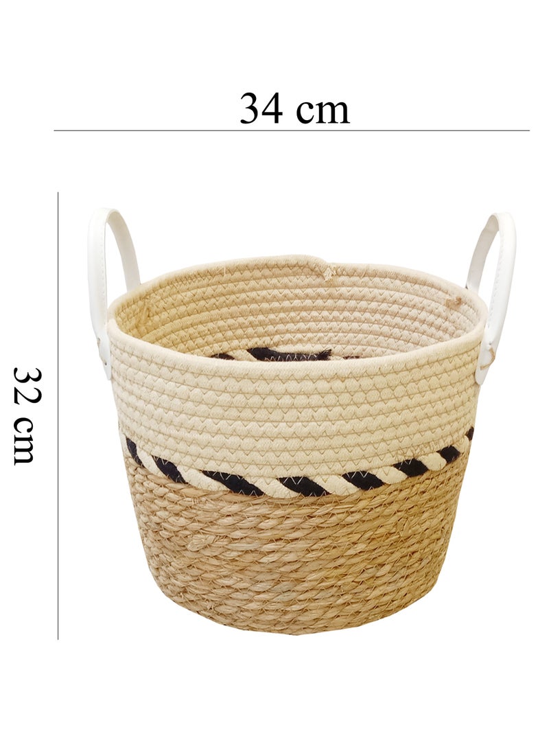 YINZUO Natural Woven Basket with White Handles – Jute and Cotton Rope Storage Bin, Decorative Organizer for Laundry, Toys, and Blankets – Multi-Color Design, Eco-Friendly Home Décor  - Image 2