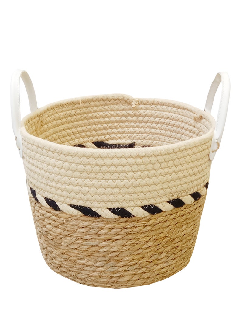 YINZUO Natural Woven Basket with White Handles – Jute and Cotton Rope Storage Bin, Decorative Organizer for Laundry, Toys, and Blankets – Multi-Color Design, Eco-Friendly Home Décor  - Image 4