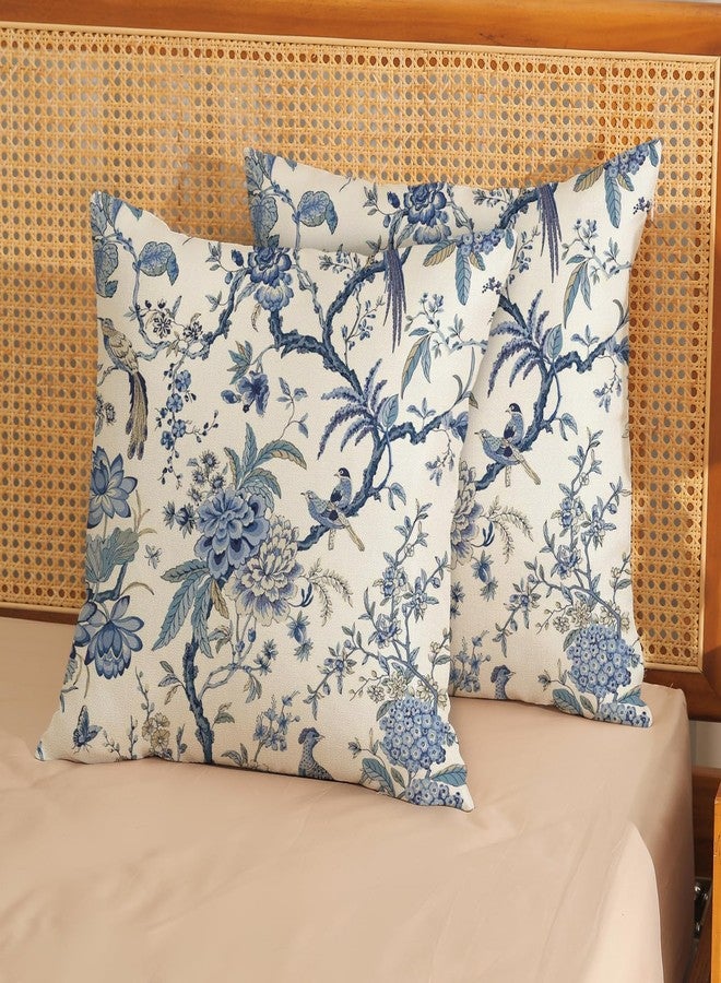 GOLIANDA Chinoiserie Floral Bird Pillow Covers 20x20 Set of 2 Blue Chinoiserie Flowers Decorative Pillow Cases Outdoor Blue and Cream Throw Pillows Farmhouse Linen Cushion Case for Couch Home Decor - Image 3