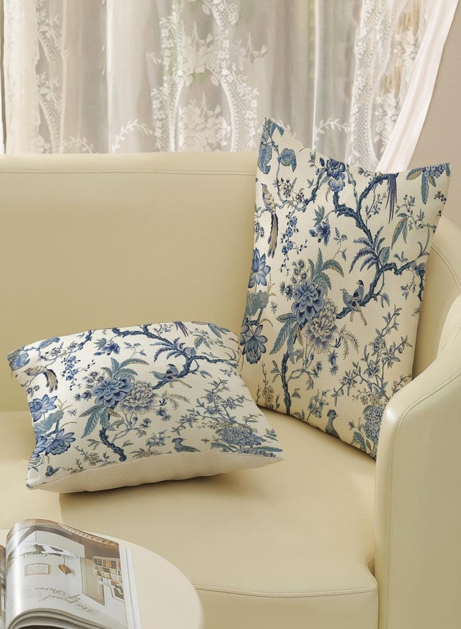 GOLIANDA Chinoiserie Floral Bird Pillow Covers 20x20 Set of 2 Blue Chinoiserie Flowers Decorative Pillow Cases Outdoor Blue and Cream Throw Pillows Farmhouse Linen Cushion Case for Couch Home Decor - Image 5