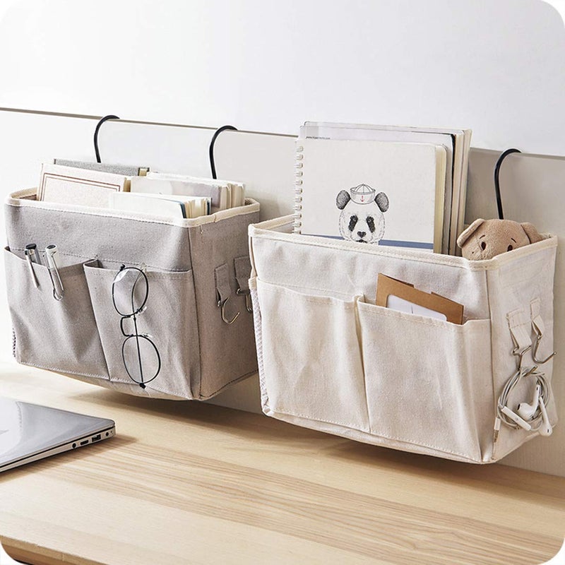 NISHIV Bedside Organizer Hanging Premium Cotton and Linen Bunk Bed Storage with Metal Hooks Large Capacity Dormitory Bedroom Bedside Storage for Books Phones Remote Control Grey - Image 5