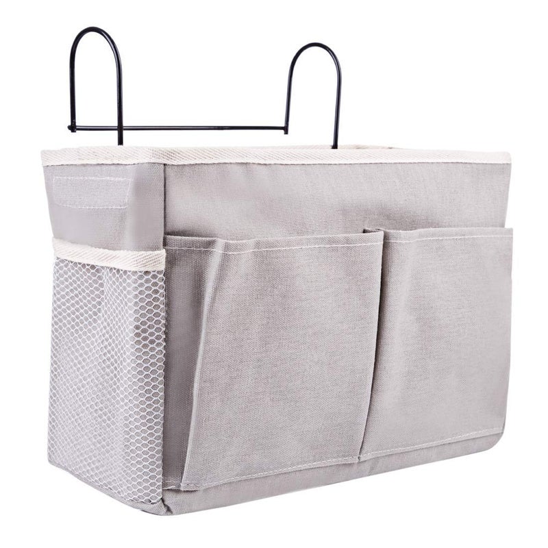 NISHIV Bedside Organizer Hanging Premium Cotton and Linen Bunk Bed Storage with Metal Hooks Large Capacity Dormitory Bedroom Bedside Storage for Books Phones Remote Control Grey - Image 3