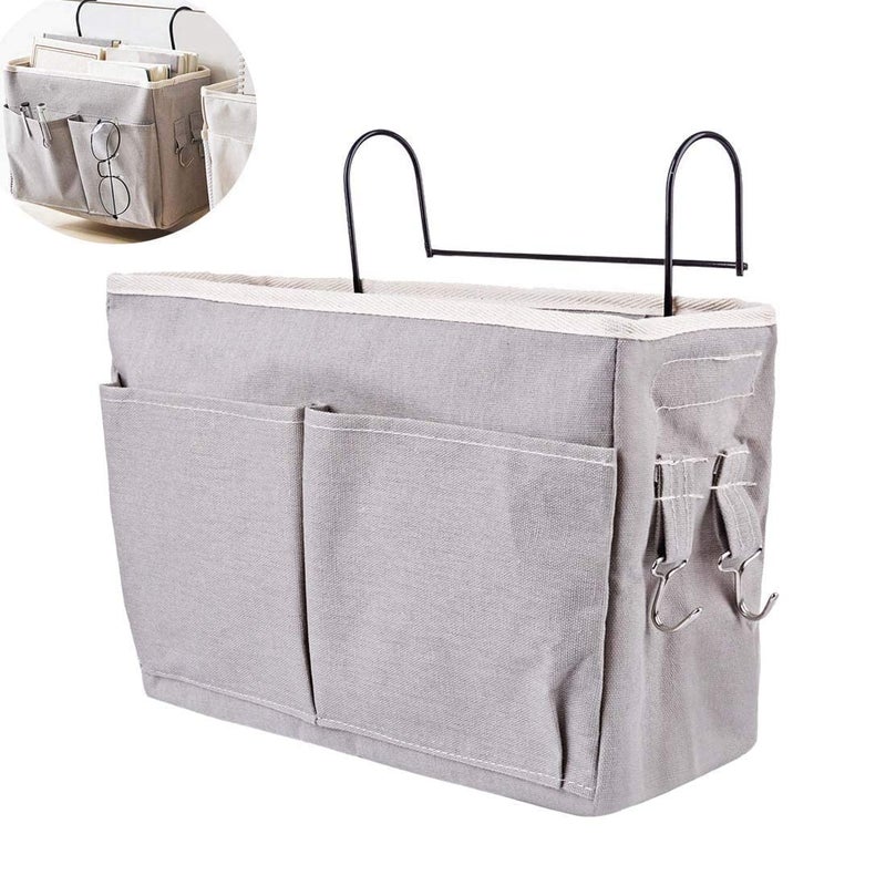 NISHIV Bedside Organizer Hanging Premium Cotton and Linen Bunk Bed Storage with Metal Hooks Large Capacity Dormitory Bedroom Bedside Storage for Books Phones Remote Control Grey - Image 1